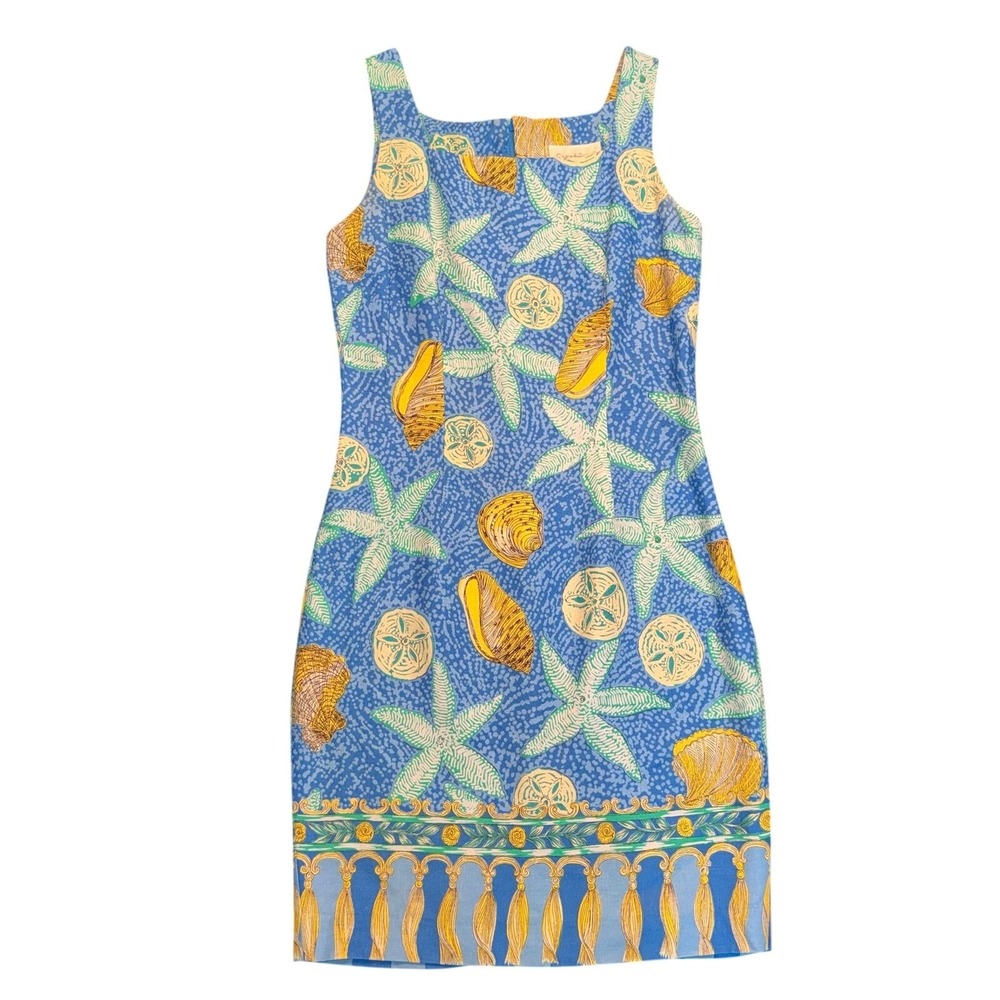 VTG Carroll Reed Coastal Sheath Dress Sz 4 Blue Sea Shell Starfish Rayon Linen